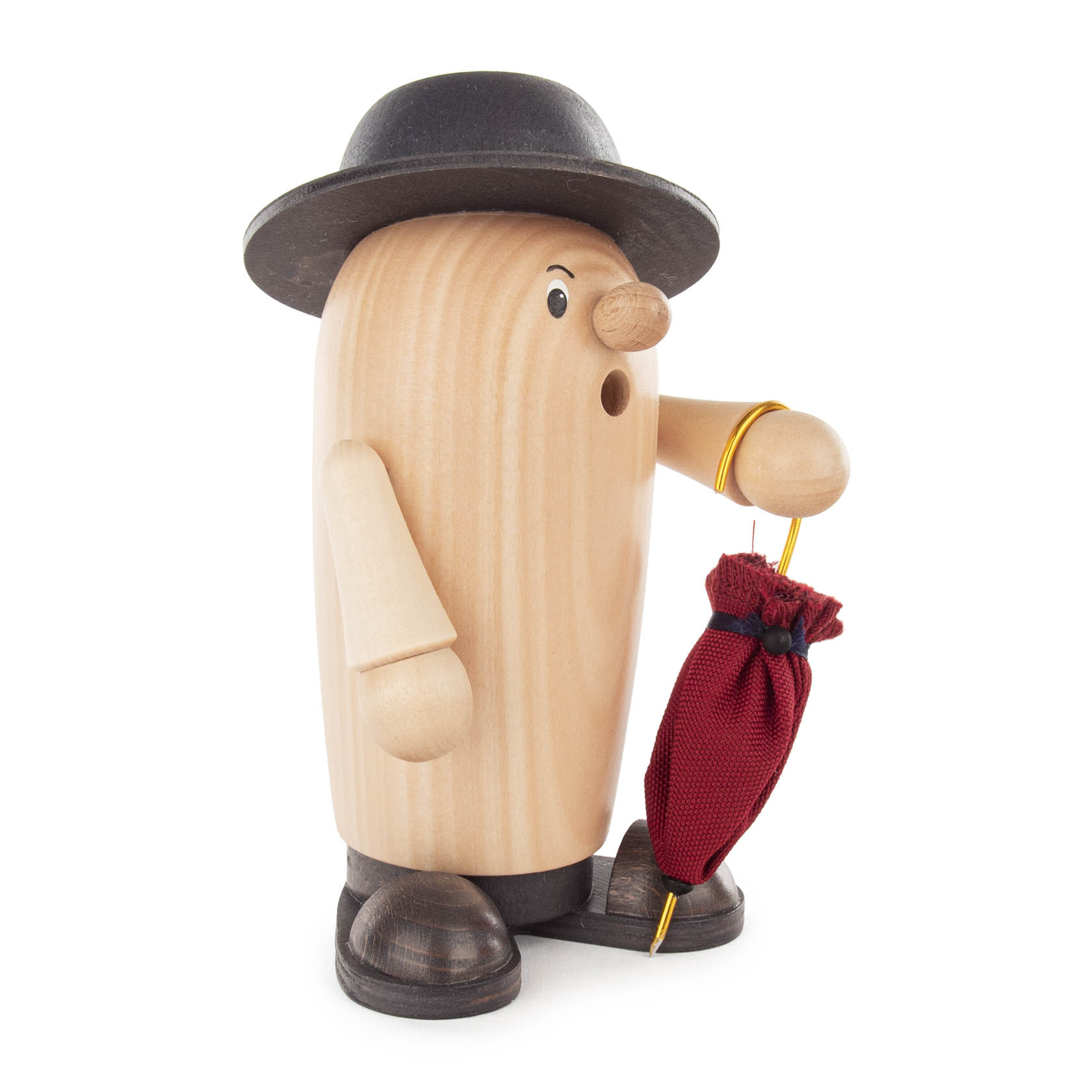 Holzfigur namens Rudi der Charmeur, in Naturholz und Grau, hält einen roten Schirm und trägt einen schwarzen Hut.