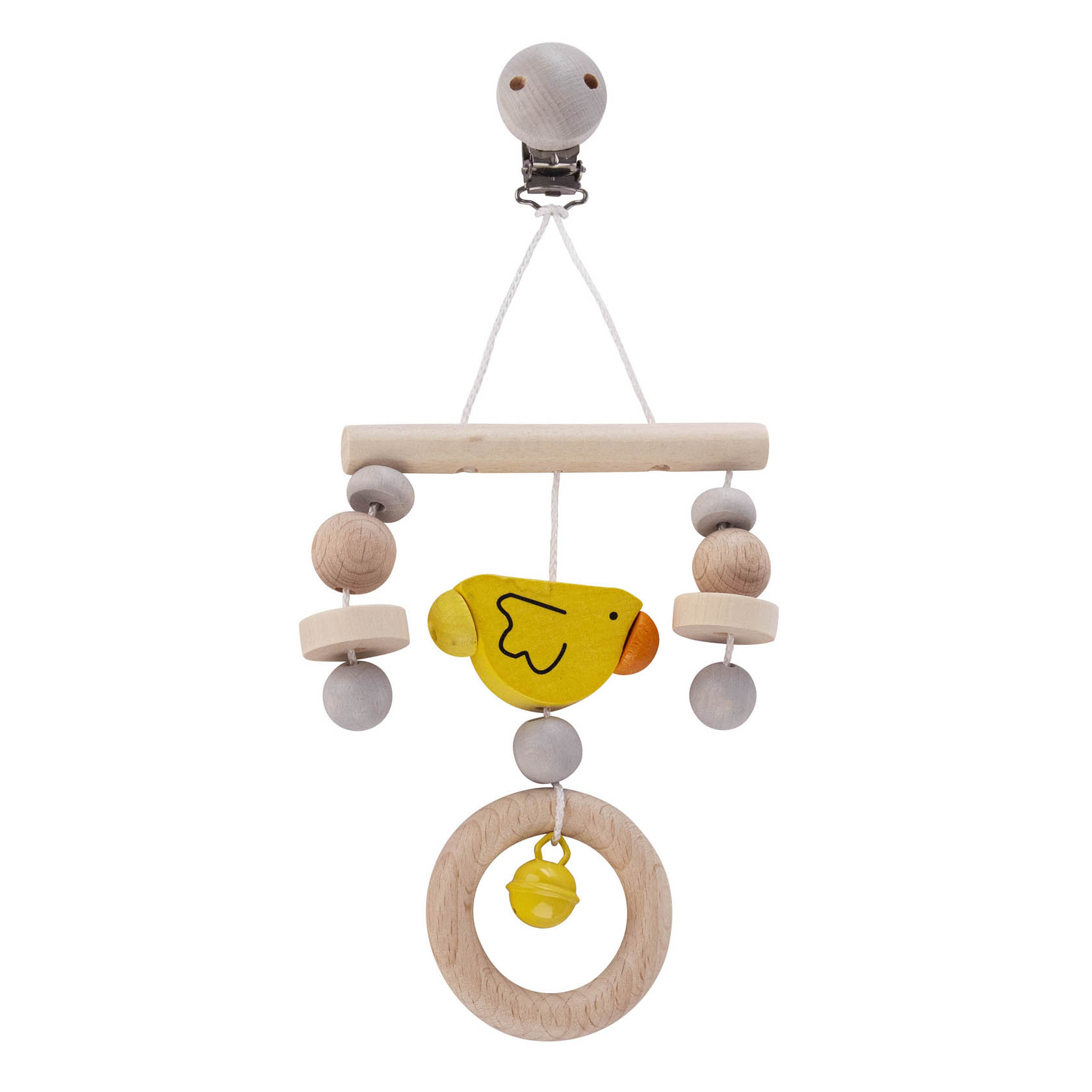 A wooden baby mobile with a yellow duck and wooden beads, designed to hang and entertain infants. im Dregeno Online Shop günstig kaufen