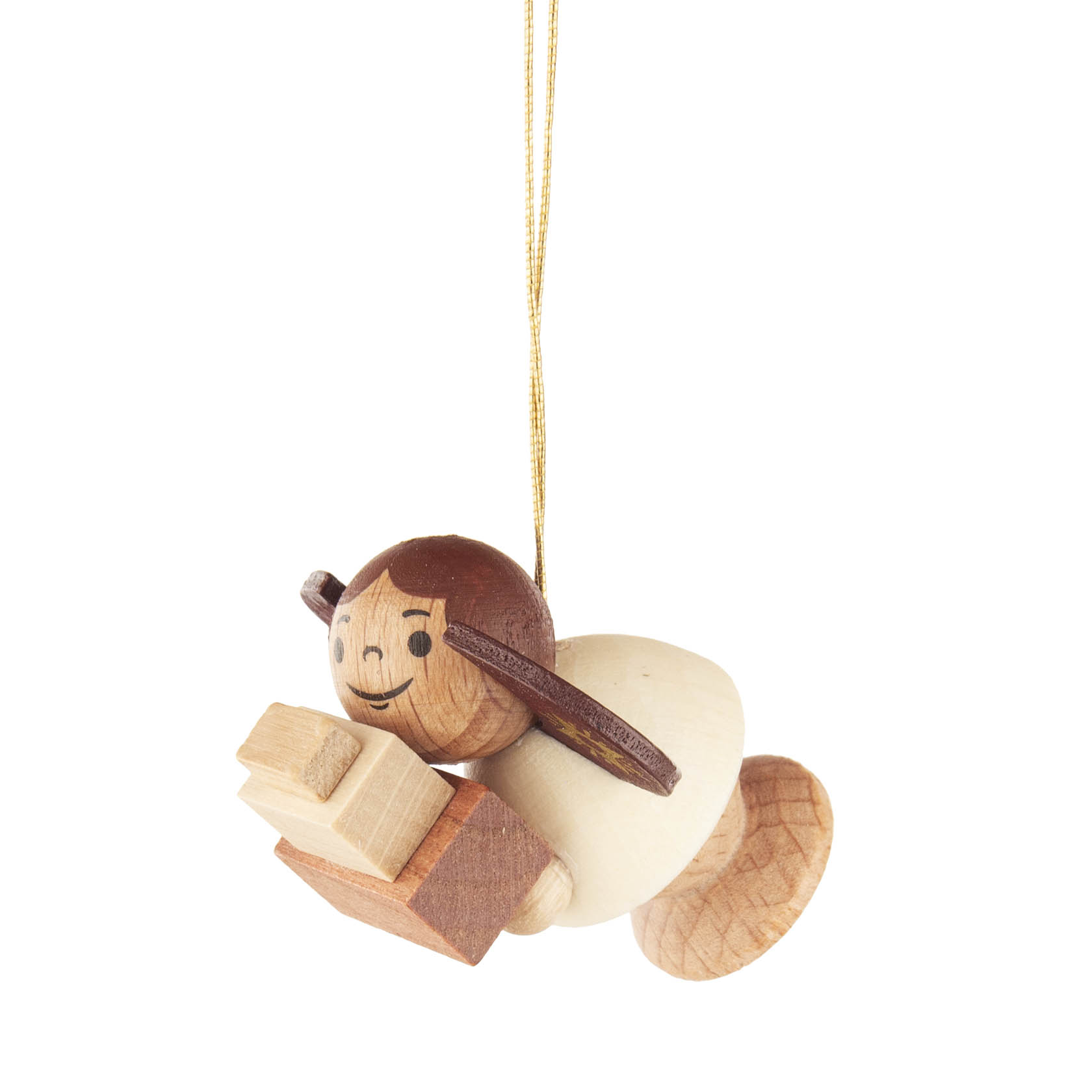 Handgefertigter Holzengel mit braunen Haaren trägt Geschenke. Der Engel hat detaillierte Gesichtszüge und ist mit einer goldenen Schnur zum Aufhängen versehen. im Dregeno Online Shop günstig kaufen
