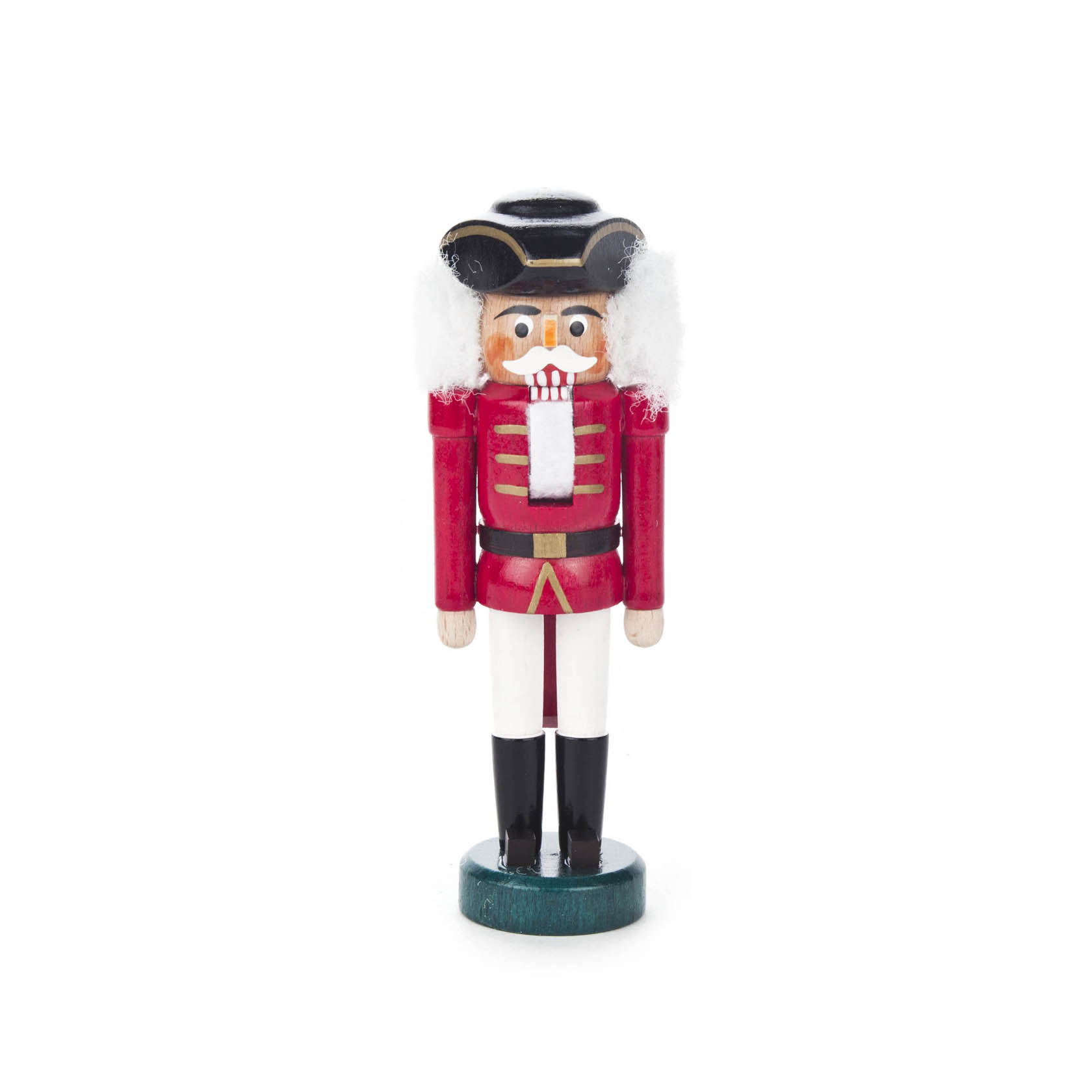 A mini nutcracker wearing a red and white uniform with a tricorn hat and fluffy white hair, standing 13cm tall. im Dregeno Online Shop günstig kaufen