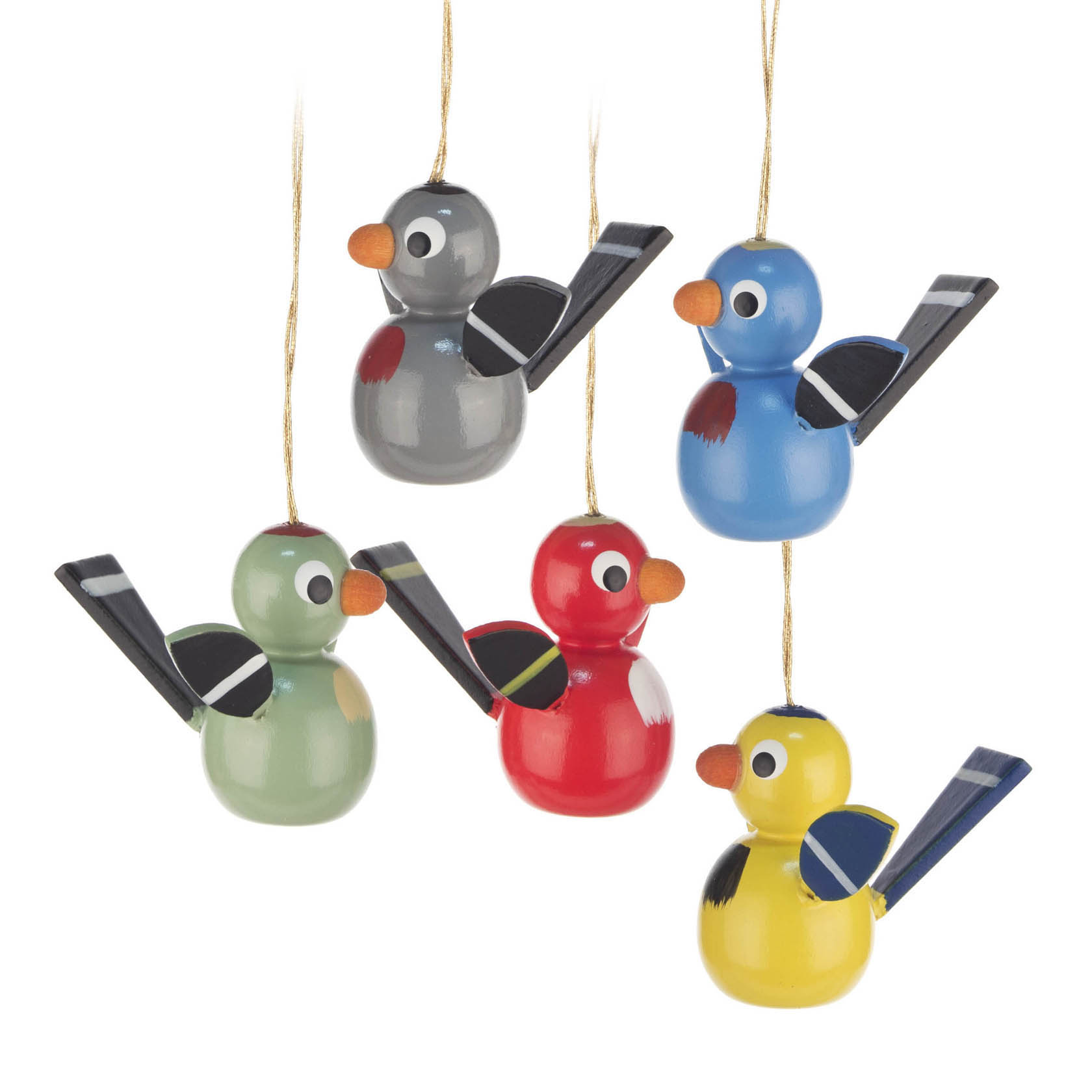 Five colorful hanging bird ornaments with round bodies and wings, each a different color: gray, blue, red, green, and yellow with black wings.