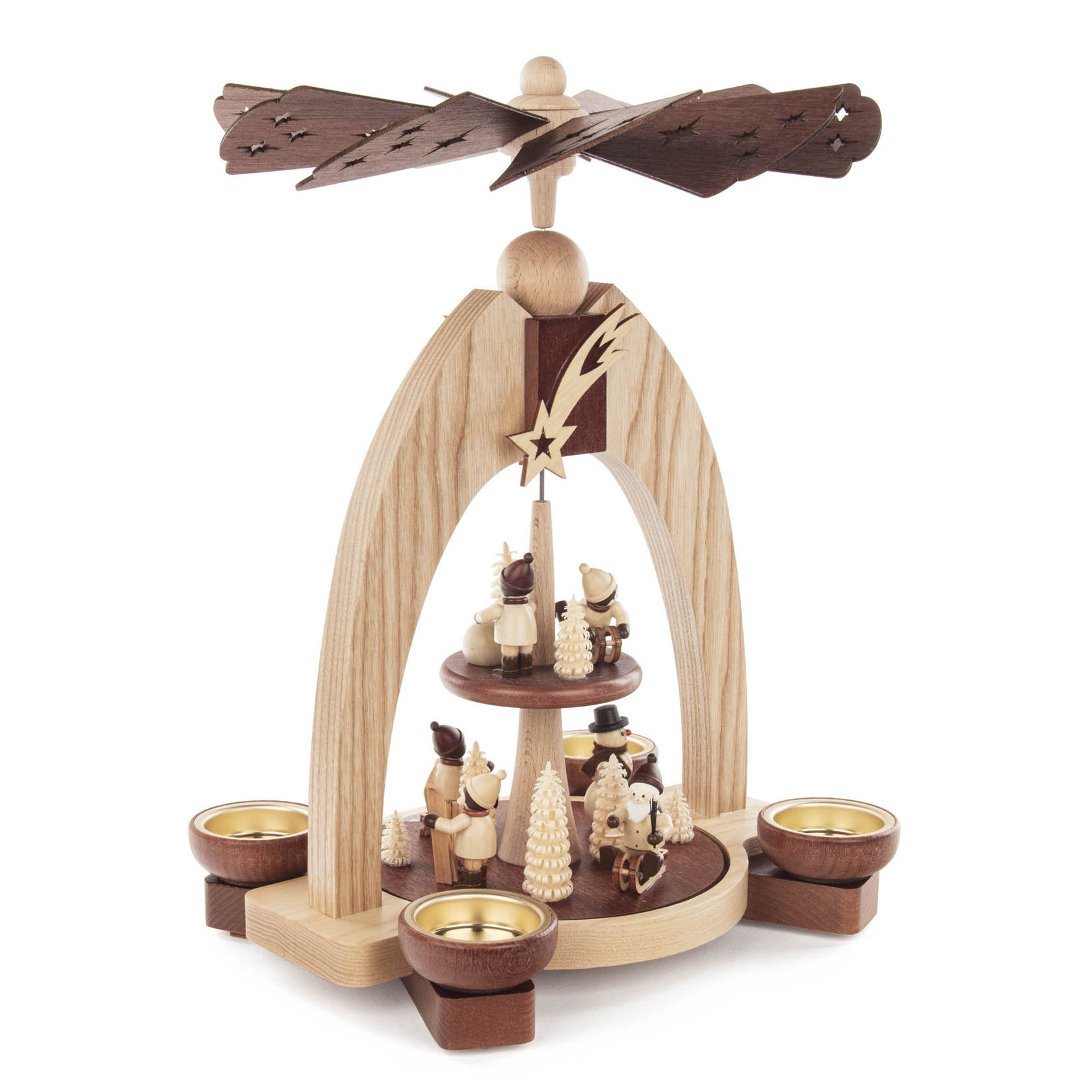 Two-tier natural wooden pyramid featuring winter children figurines and candle holders, designed for tealights, with a rotating star at the top.