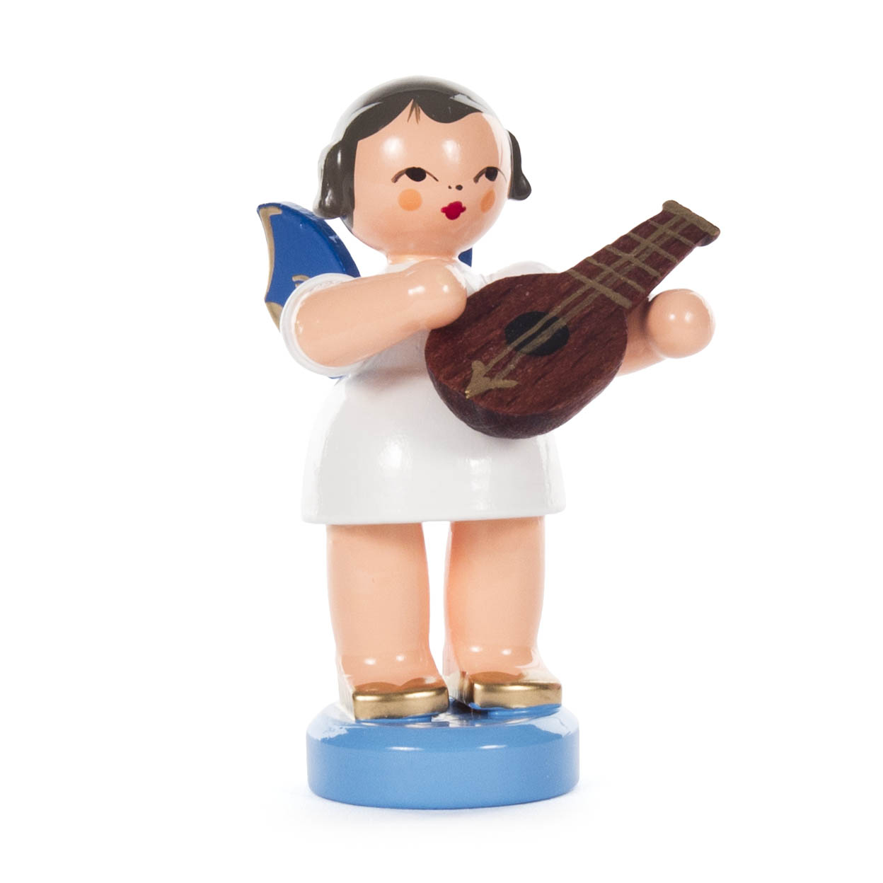 Holzfigur eines Engels mit blauen Flügeln, der eine Mandoline hält. Der Engel trägt ein weißes Gewand und steht auf einem blauen Sockel. im Dregeno Online Shop günstig kaufen