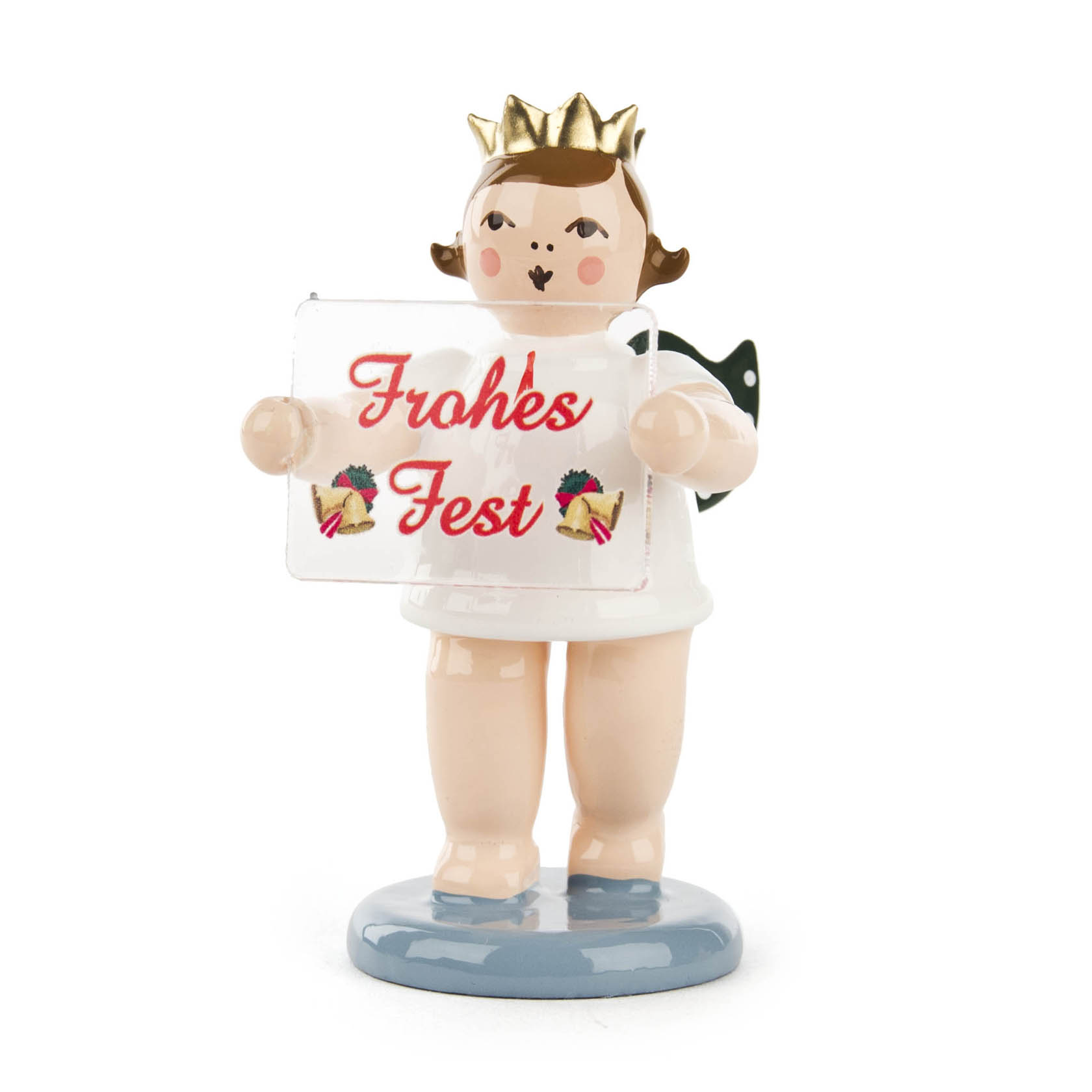 A wooden angel figurine with a golden crown holding a sign that reads 'Frohes Fest' with festive decorations. im Dregeno Online Shop günstig kaufen