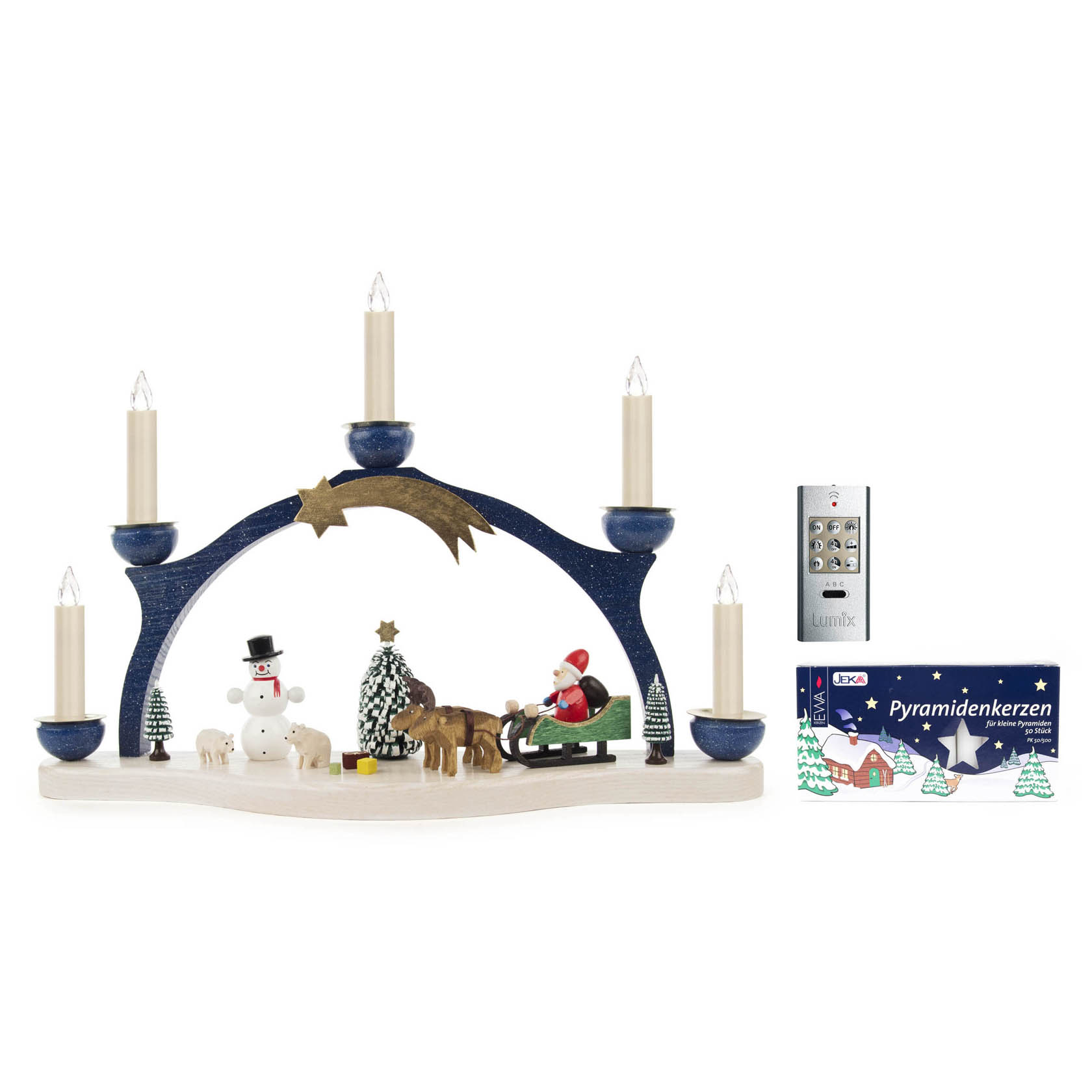 Schwibbogen Weihnachtsmann/Elchgespann inkl.LUMIX Basis-Set/5 Kerzen 1 Fernbed. + 50 Pyramidenkerzen 14mm weiß im Dregeno Online Shop günstig kaufen