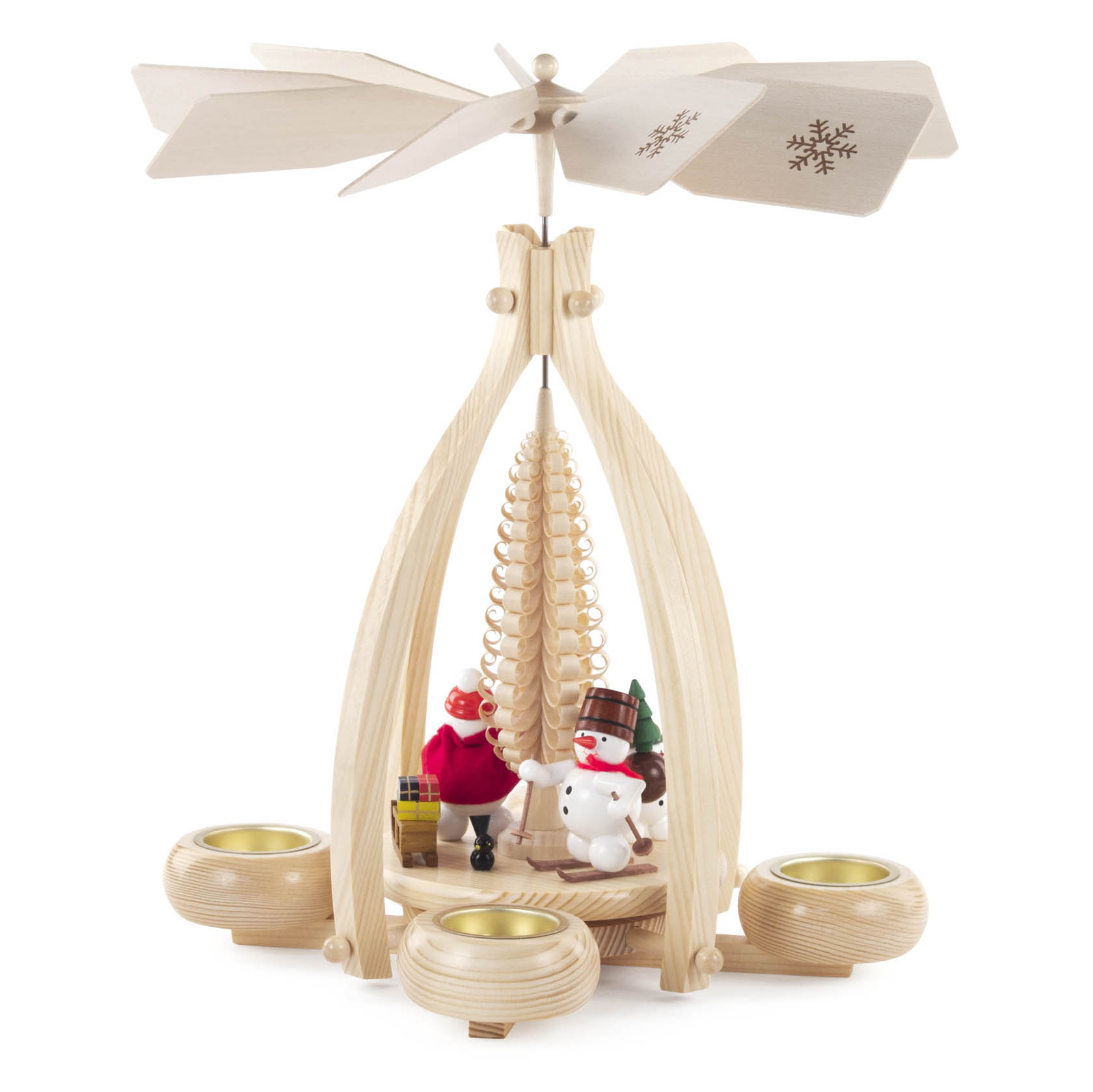 Holzpyramide mit rot gekleidetem Weihnachtsmann und Schneemann. Vier Teelichthalter, Kerzenmäßiger Aufbau zum Drehen.