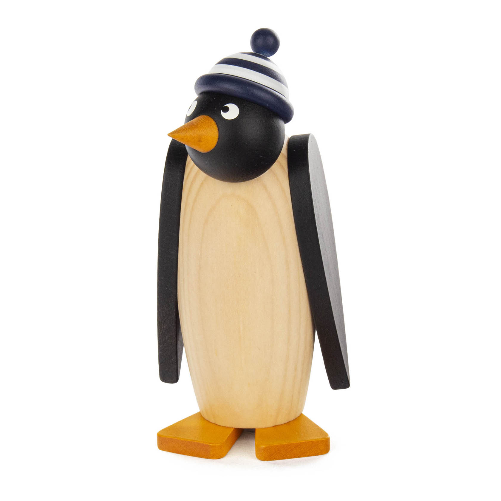 Holzpinguin mit blauer und weißer Ringelmütze, aufrecht stehend, mit orangefarbenem Schnabel und Füßen.