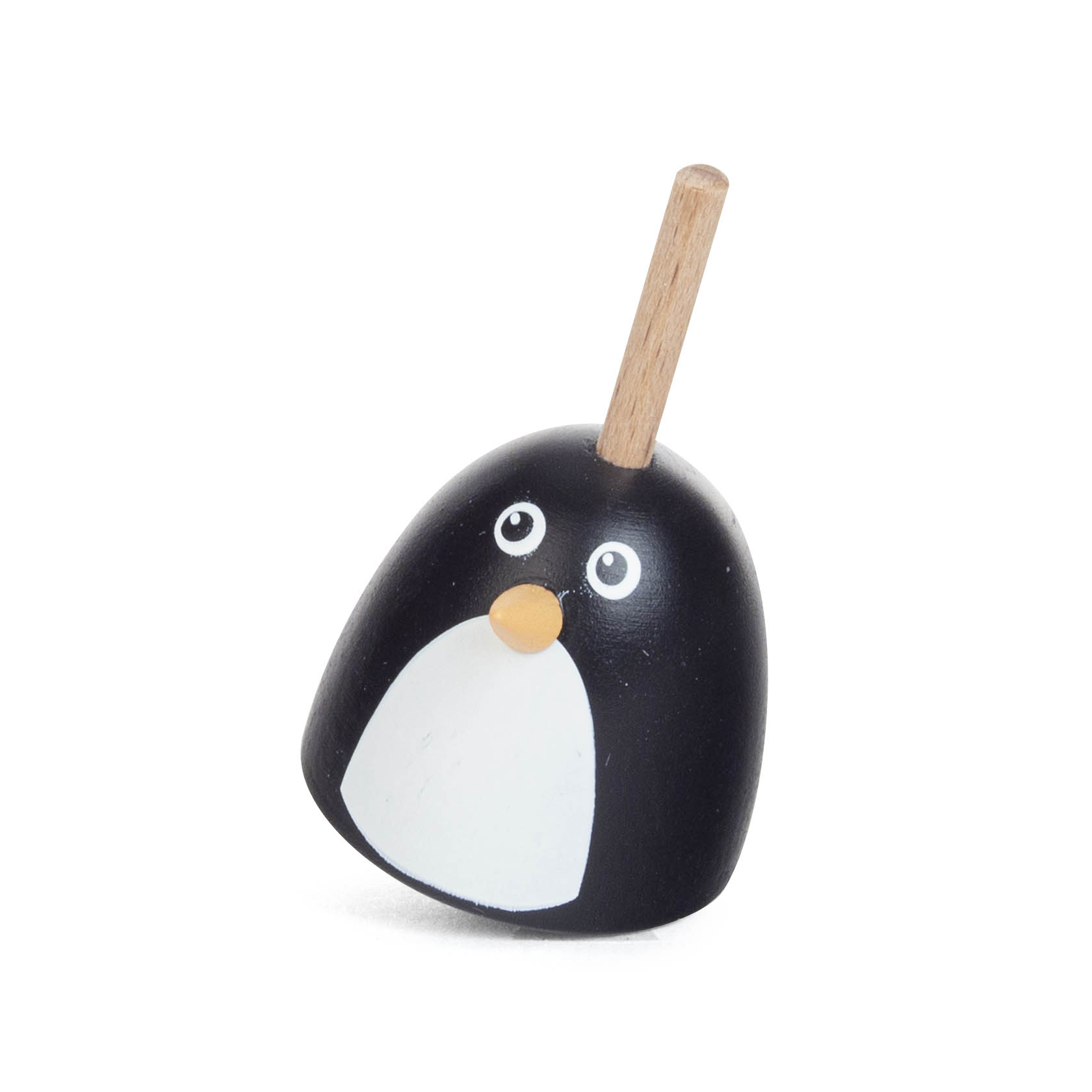 A wooden spinning top designed as a penguin with a black body, white belly, orange beak, and wide eyes. im Dregeno Online Shop günstig kaufen