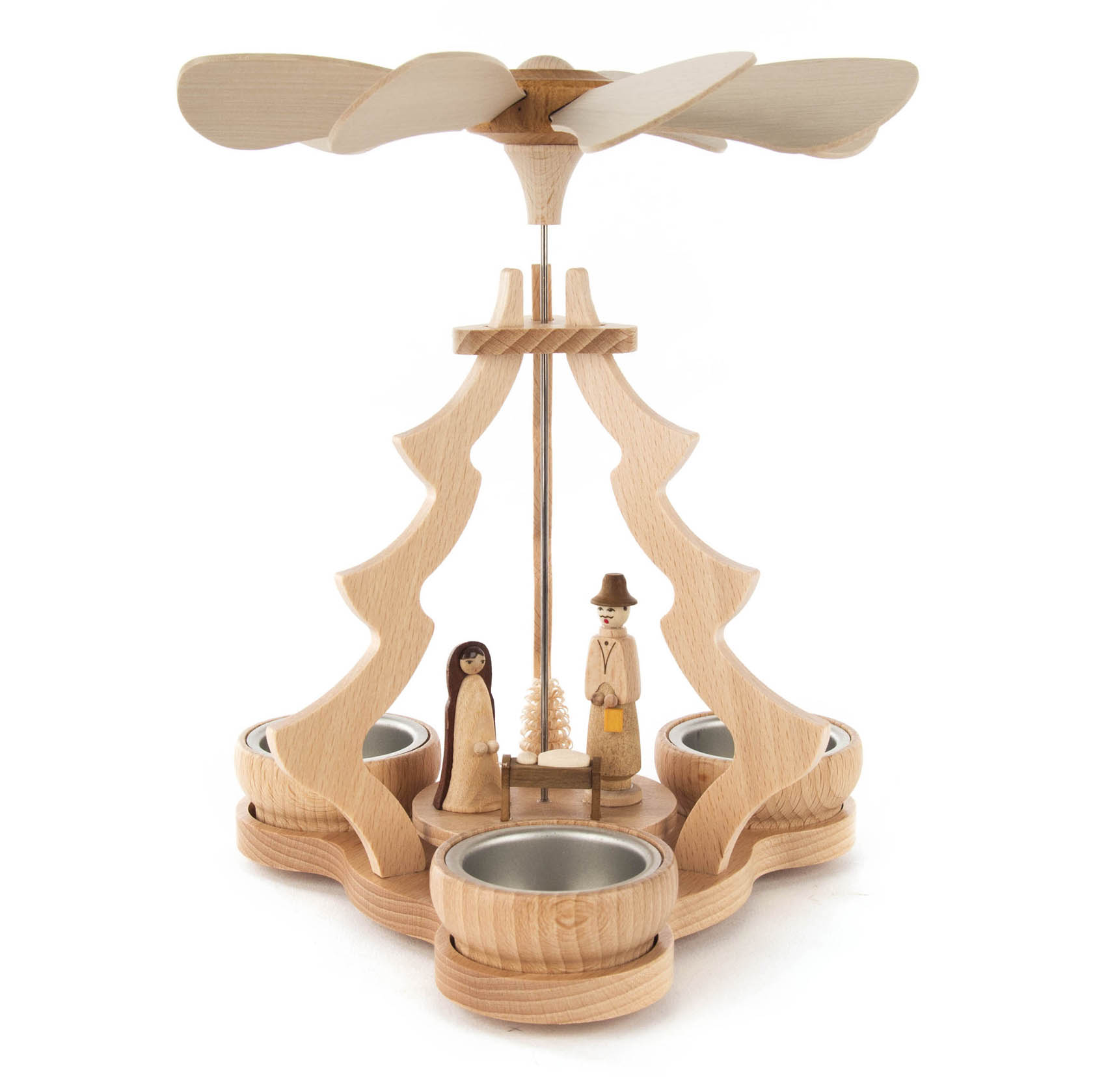 Holzpyramide für Teelichte mit der Darstellung von Christi Geburt, Maria und Josef stehen neben der Krippe. Die Pyramide hat Flügel oben und ist aus naturbelassenem Holz. im Dregeno Online Shop günstig kaufen