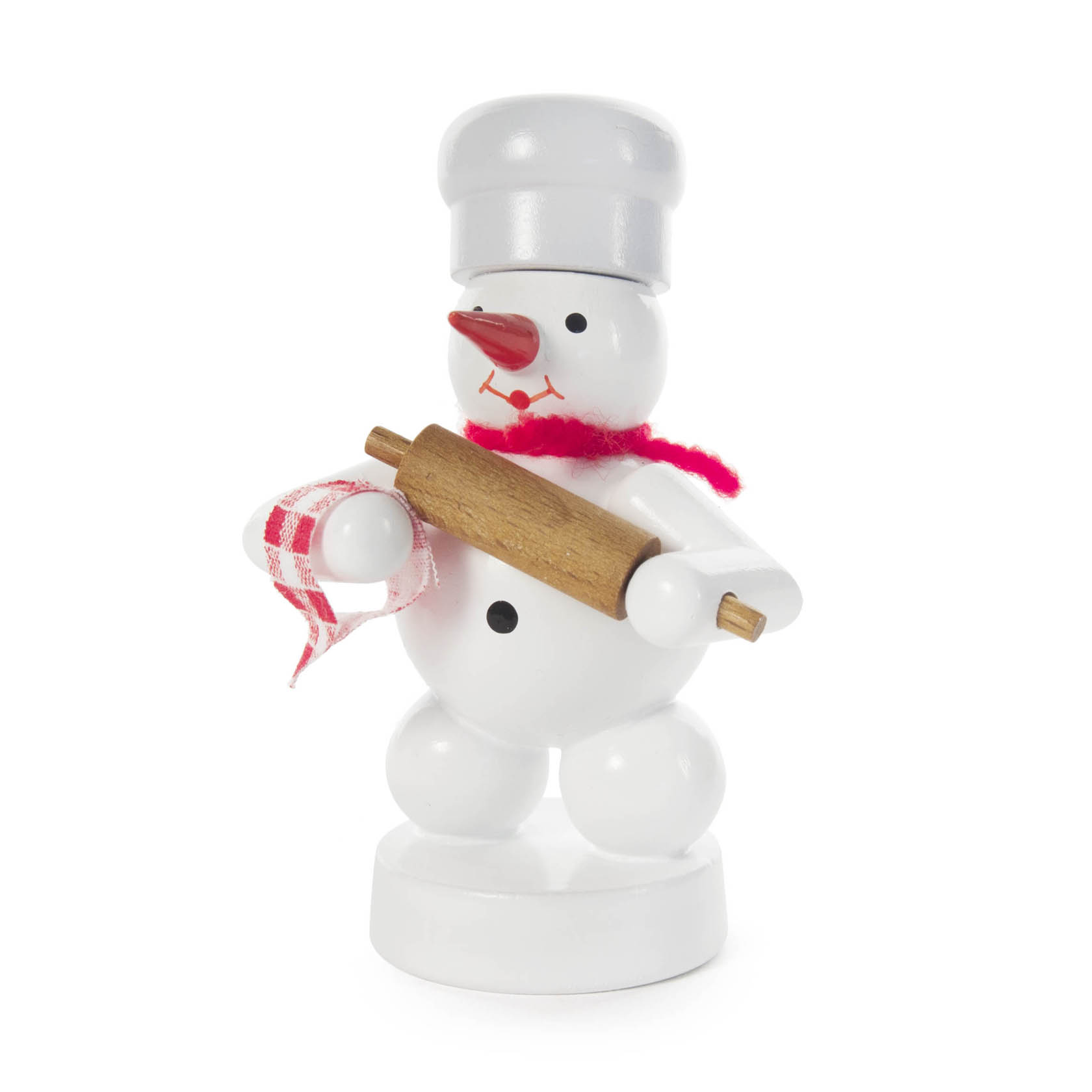 A small, white snowman figurine wearing a chef's hat and holding a rolling pin with a red scarf, appearing ready to bake. im Dregeno Online Shop günstig kaufen