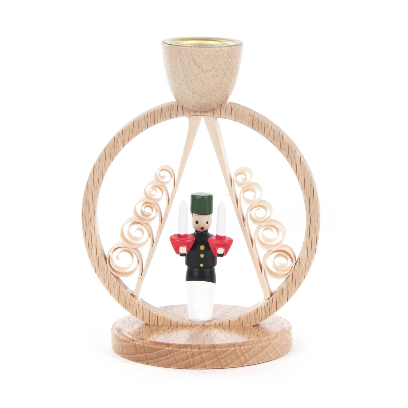Ein Kerzenhalter aus Holz in Form eines Bergmanns, der in einem dekorativen Ring steht. Der Bergmann trägt traditionelle Kleidung mit grünem Helm.