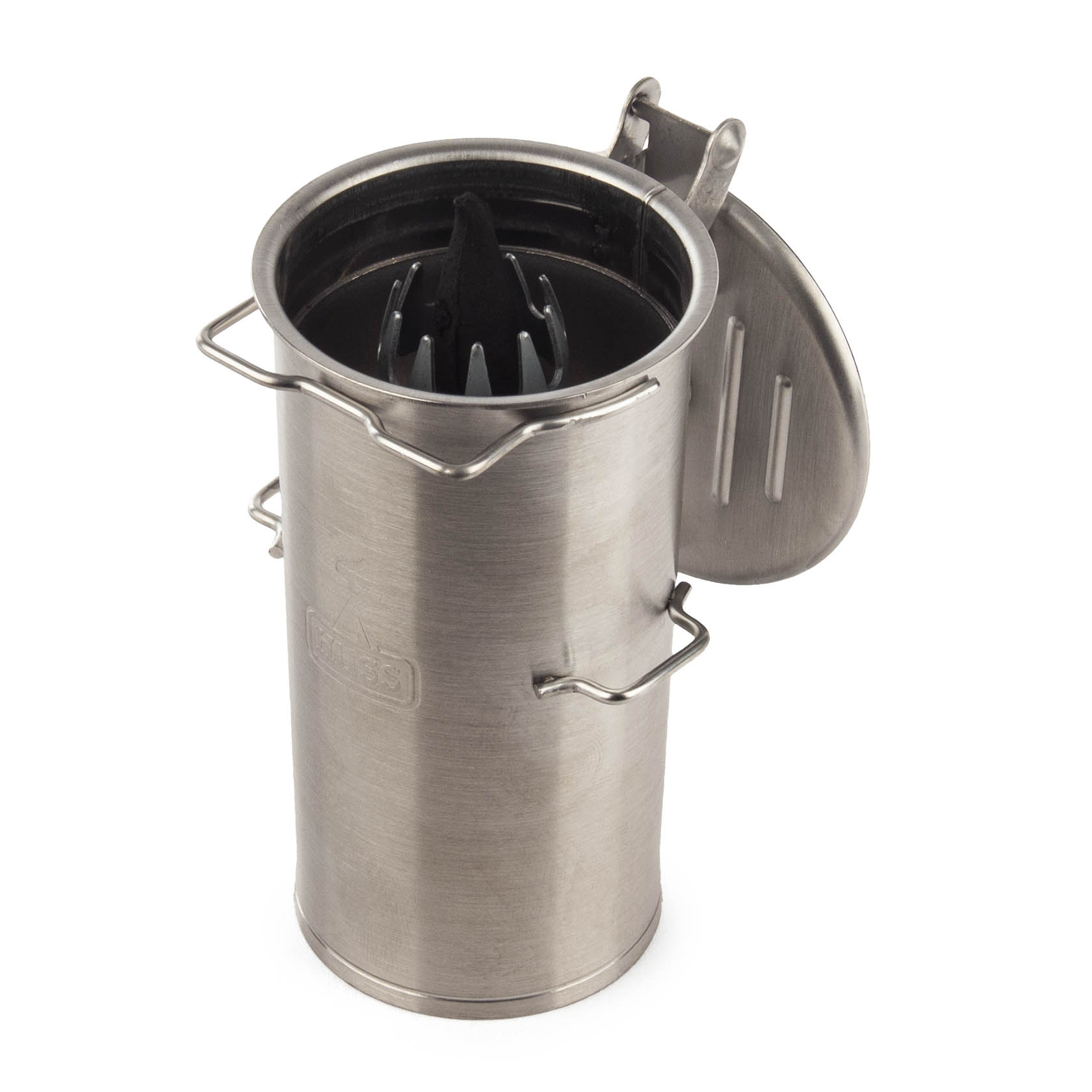 A stainless steel ash canister with a clamping lid and an inner grate for cigarette butts disposal.